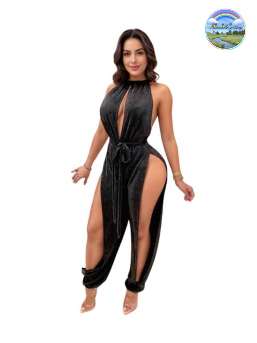Velvet Halter Jumpsuit Sleeveless High Waist Skinny Club Outfit